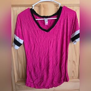Pink and Black V-Neck T-Shirt Womens Medium
